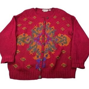 Vintage Evan Picone Sweater Womens Plus 3X Hand Knit Floral Grandpa Boho Hippie